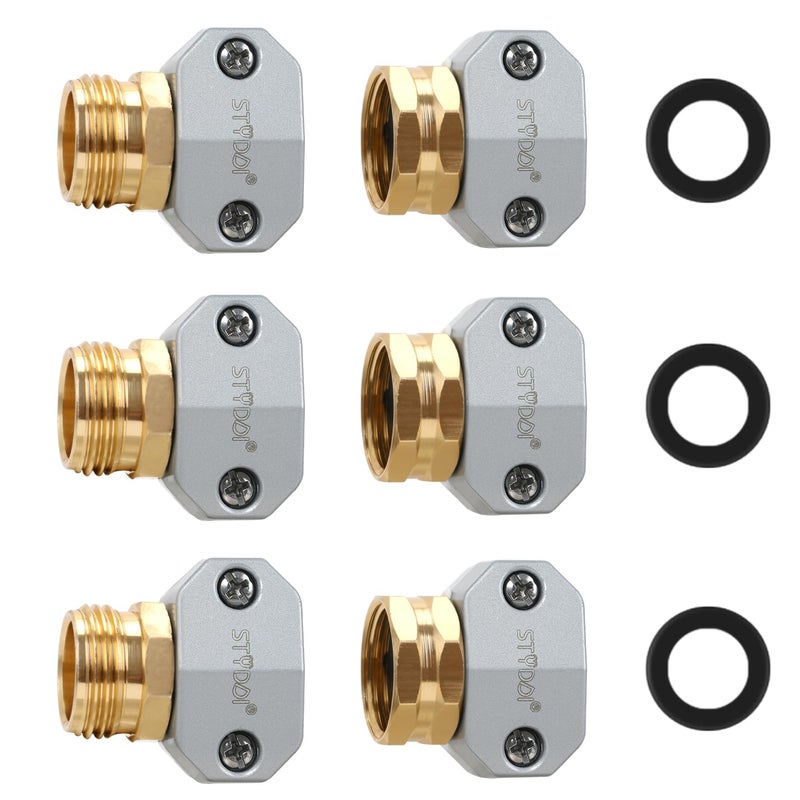 STYDDI Garden Hose Repair Connector Fitting, Aluminum Mender Female and Male Hose End Connector with Zinc Clamp, Fit 5/8-Inch and 3/4-Inch Garden Hose, 3 Sets - Image 1